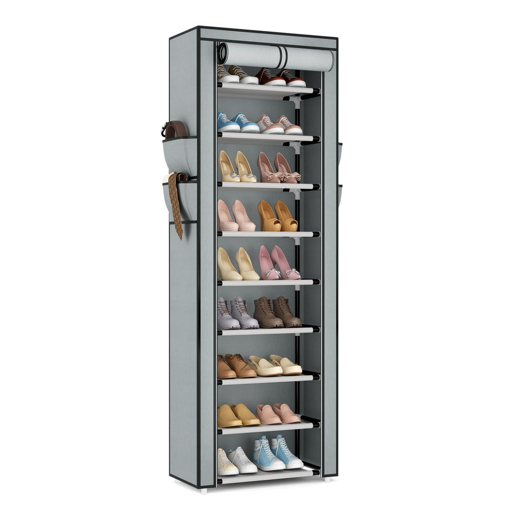 VILICK Shoe Rack with Cover Narrow Shoe Organizer with 4 Side Pockets 10 Tier Tall Shoe Storage Holds 18-22 Pairs Shoes and Boots Shoe Rack for Closet Entryway Garage