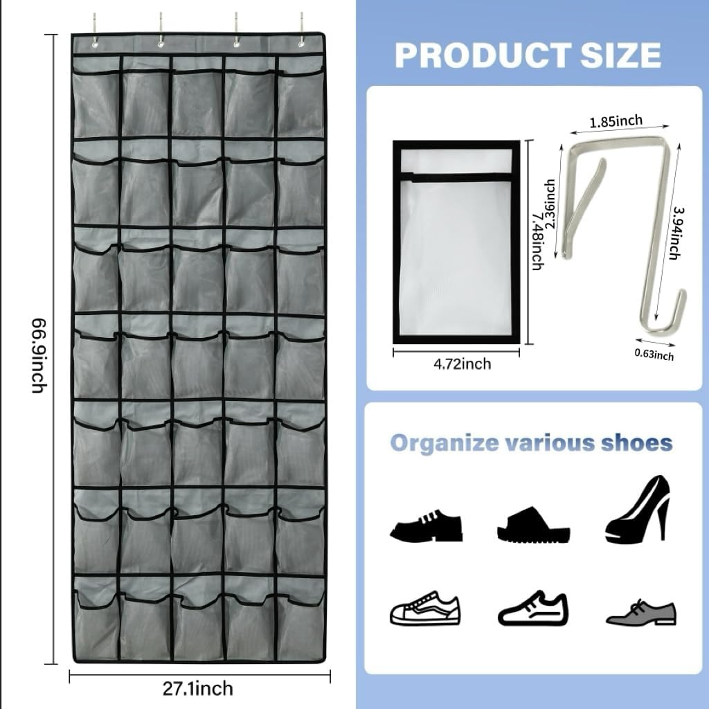 35 Pocket Over Door Shoe Organizer with 4 Metal Hooks（Grey）