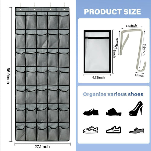35 Pocket Over Door Shoe Organizer with 4 Metal Hooks（Grey）