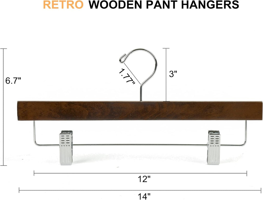 Amber Home 24 Pack Walnut Wooden Pants Hangers with Adjustable Clips, 14"