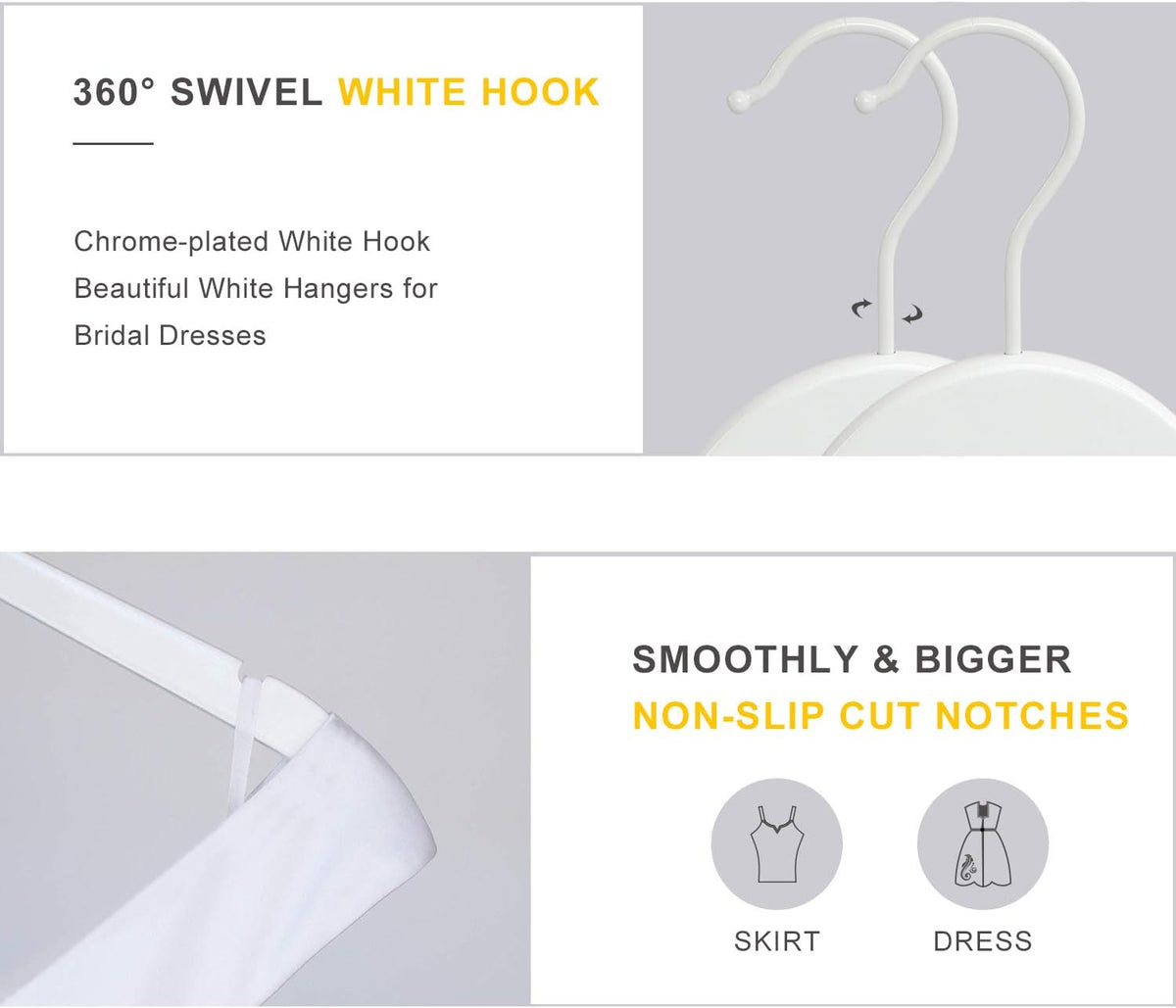 TOPIA HANGER Bride Hanger for Wedding Dress, Premium White Wooden Hangers, 360° Swivel White Hook, Smooth Finish, Extra Smoothly Cut Notches, 10 Pack-CT06W