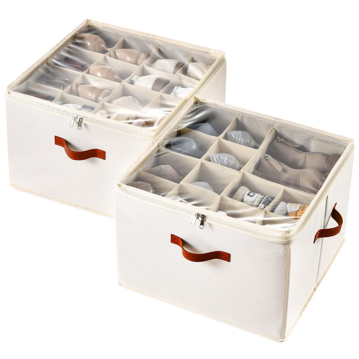 INSTY 2 Pack Shoe Organizer for Closet, Fits up to 32 Pairs, Adjustable Dividers for Shoe Storage, Fabric Shoe Storage Bins with Clear Cover, Grey