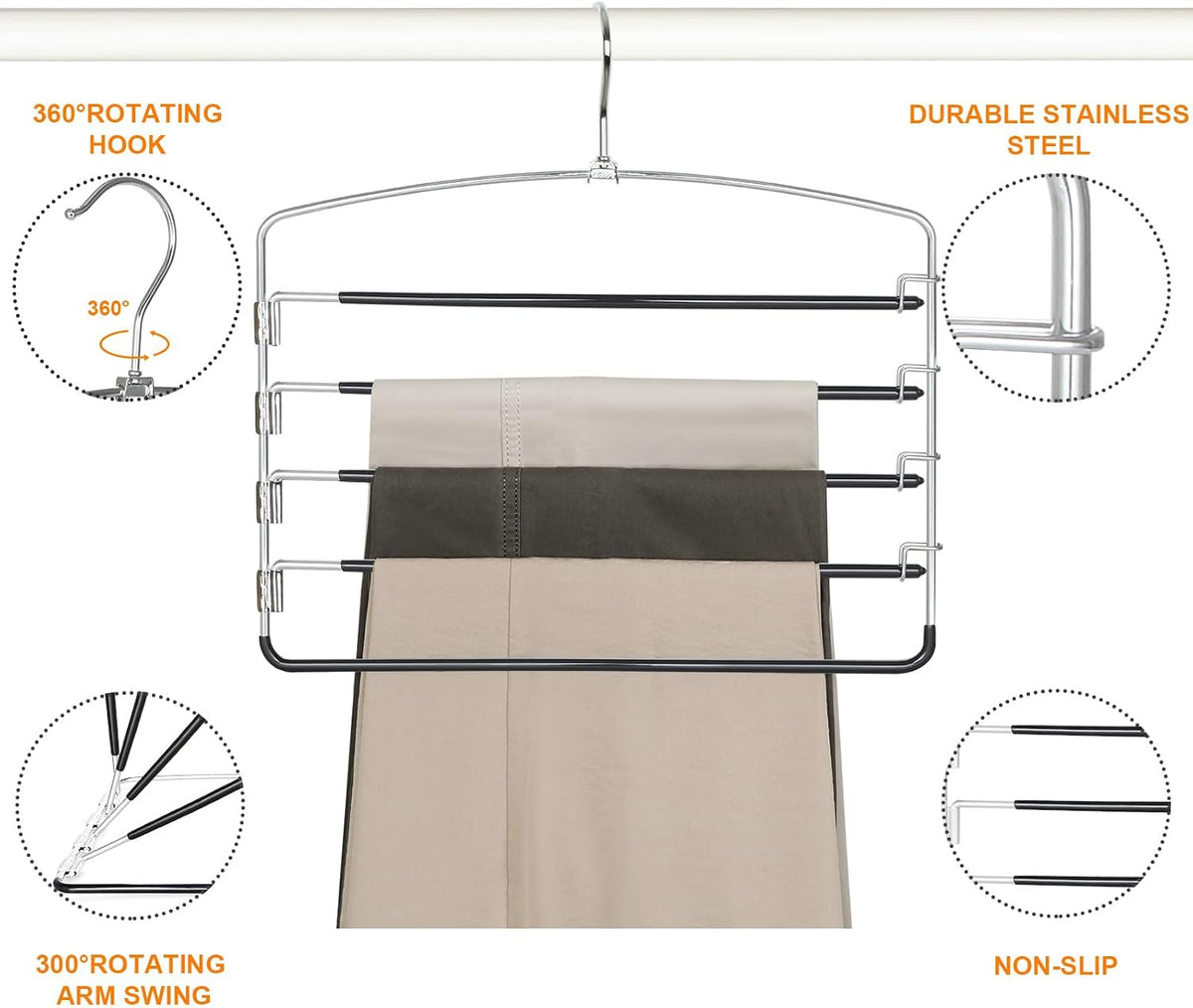 TOPIA HANGER Pant Hangers Space Saving 3 Pack with Non Slip 5 Tiers Hangers