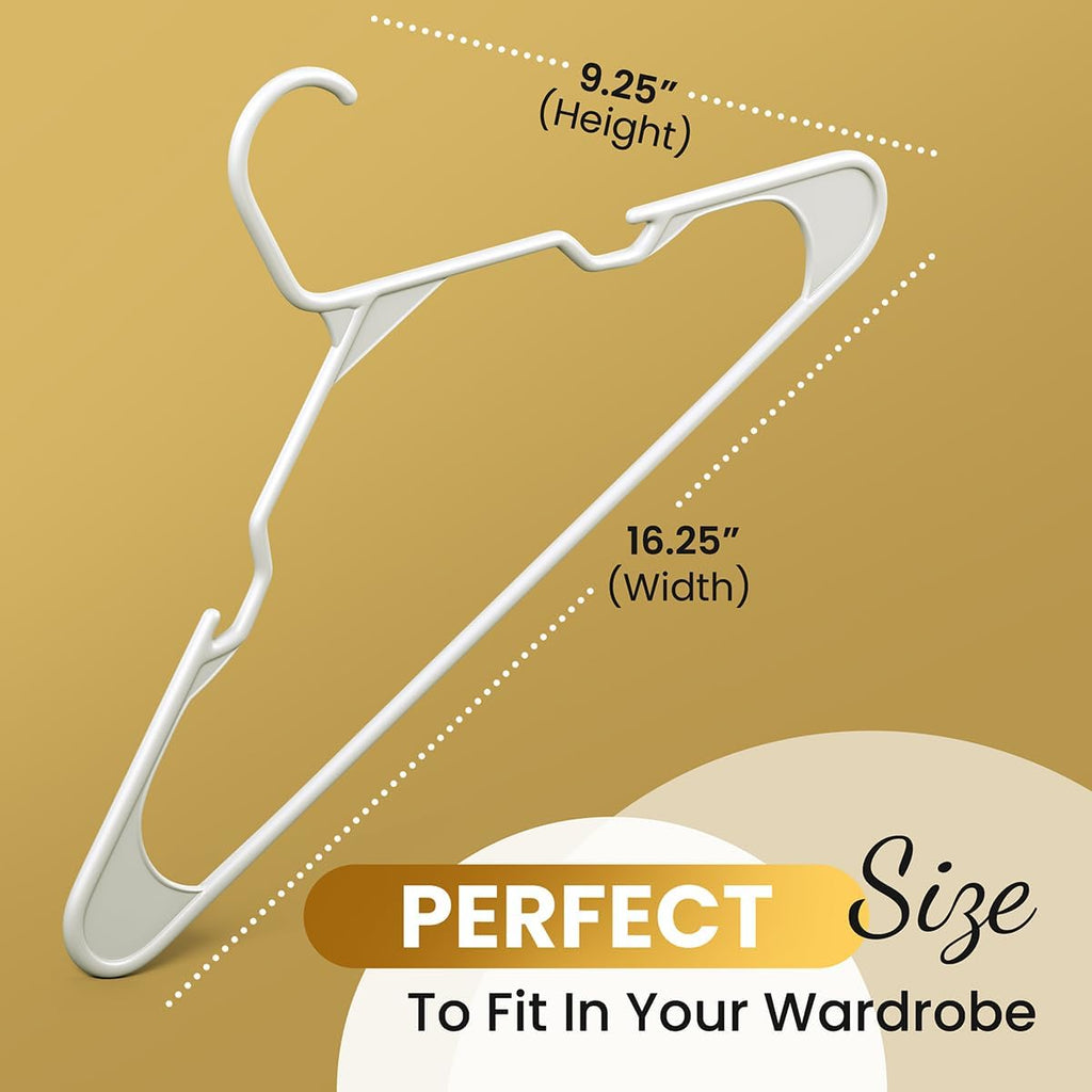 Our Modern Space 100 Pack Adult Plastic Hanger for Shirt Pants Coats Dresses Skirts Suits Jackets - Standard Thick Coat Hanger - Sturdy & Durable Design with Shoulder Grooves Hook - White