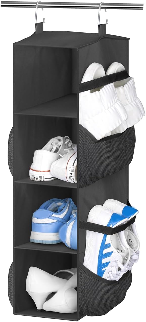 SLEEPING LAMB Short Hanging Shoe Organizer for Closet Storage with Mesh Side Pockets Holds 8 Pairs, Hanging Shoe Rack Hanger RV, Camper, Grey