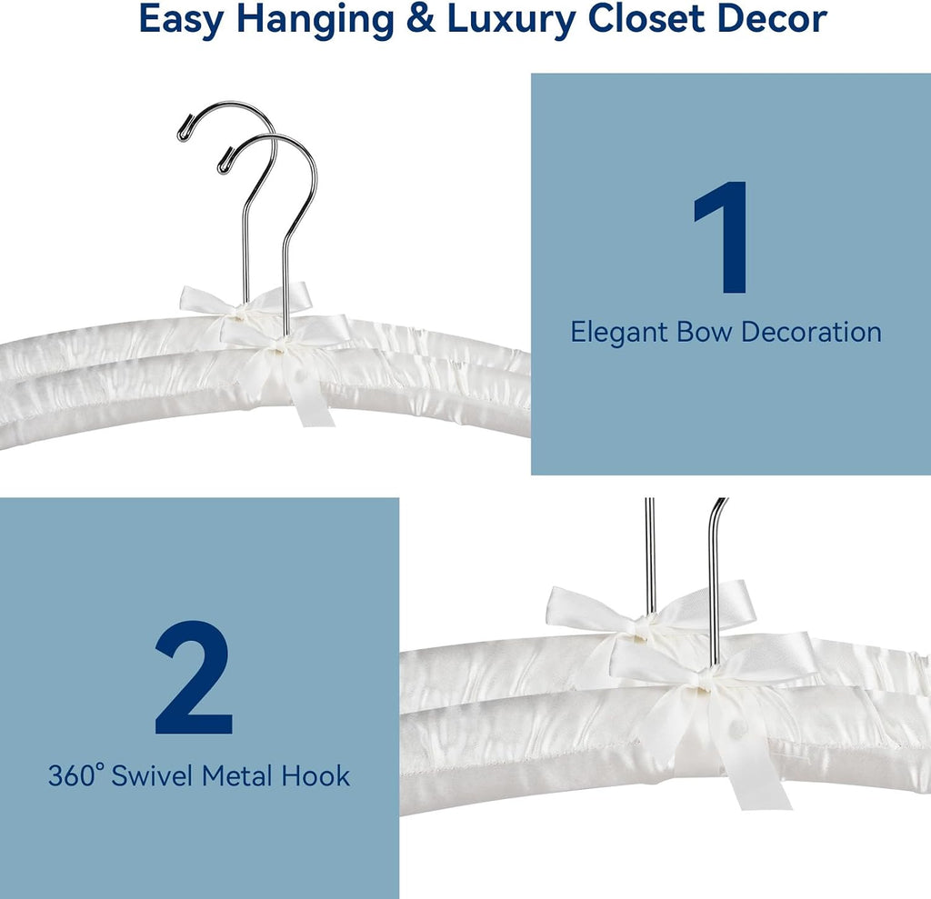 Whitmor Satin Padded Hangers for Women Clothing, Bow Design, 8-Pack, Bone