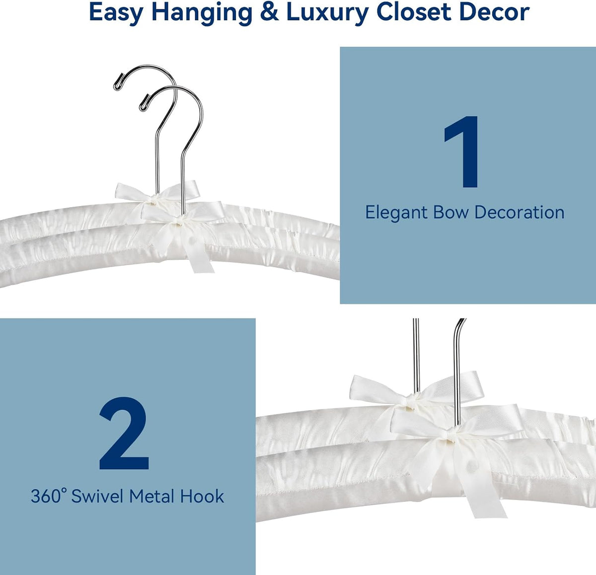 Whitmor Satin Padded Hangers for Women Clothing, Bow Design, 8-Pack, Bone