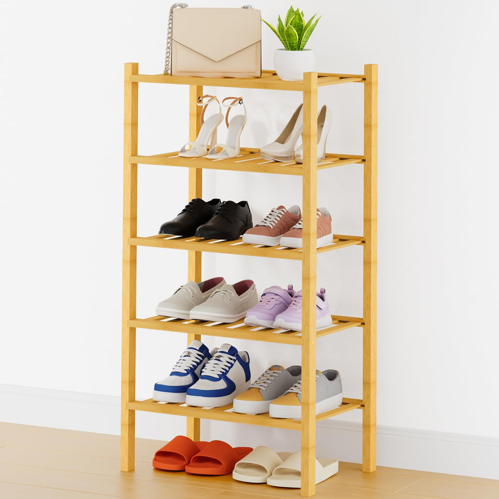 Smiry Bamboo Shoe Rack, 12 Vertical Slats, 3 Tier - 26.8" Wide, Natural