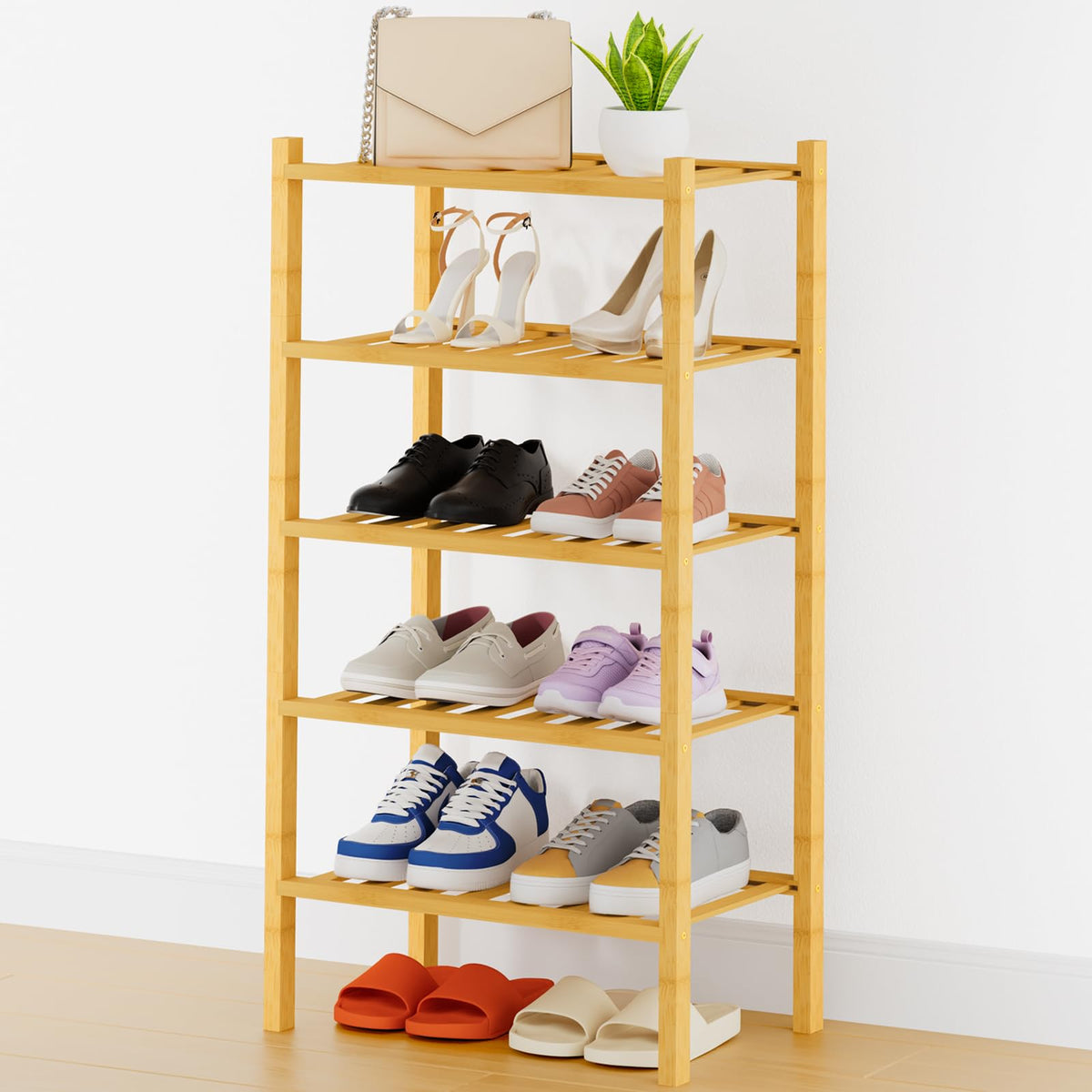 Smiry Bamboo Shoe Rack, 12 Vertical Slats, 3 Tier - 26.8" Wide, Natural