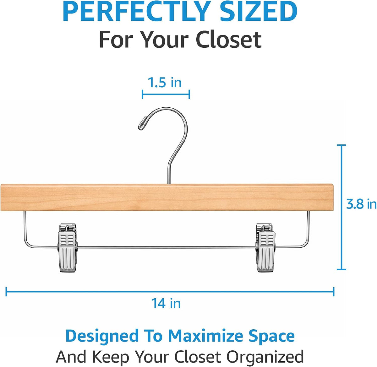 ZOBER Wooden Pants Hangers with Clips, Clothes Hangers, Natural, 10 Pack