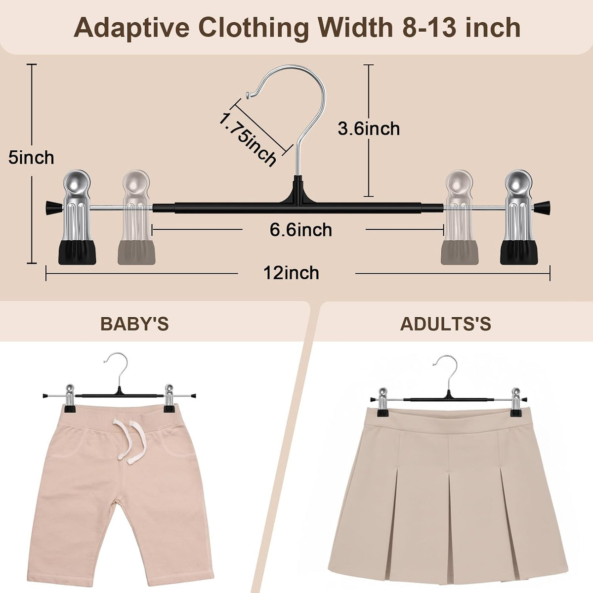 POZEAN Pants Hangers with Clips for Women 30 Pack, 12Inch Adjustable Heavy Duty Skirt Hangers, Space Saving Non-Slip Shorts Jeans Trousers Clothes Hangers, Black