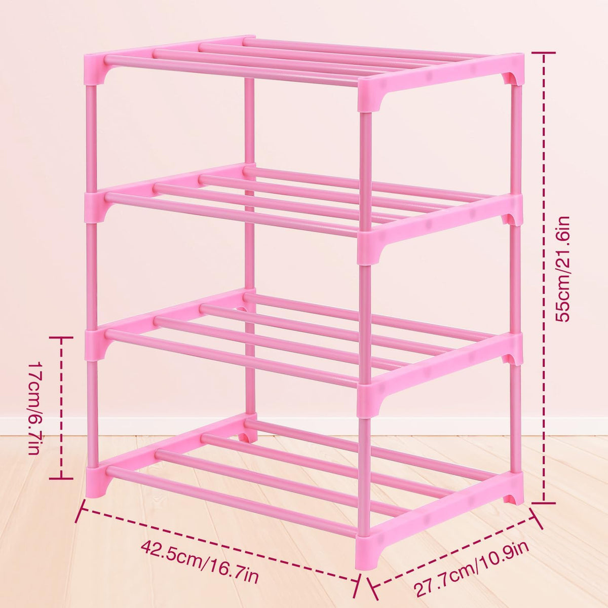 HITHIM 4-Tier Free Standing Pink Shoe Racks, Lightweight Stackable Shelf