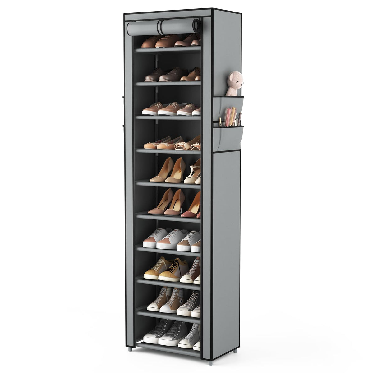 VTRIN Vertical Narrow Shoe Rack Organizer 10 Tier Tall Shoe Shelf Holds 20-22 Pairs with Non-Woven Dustproof Cover for Closet, Entryway Black