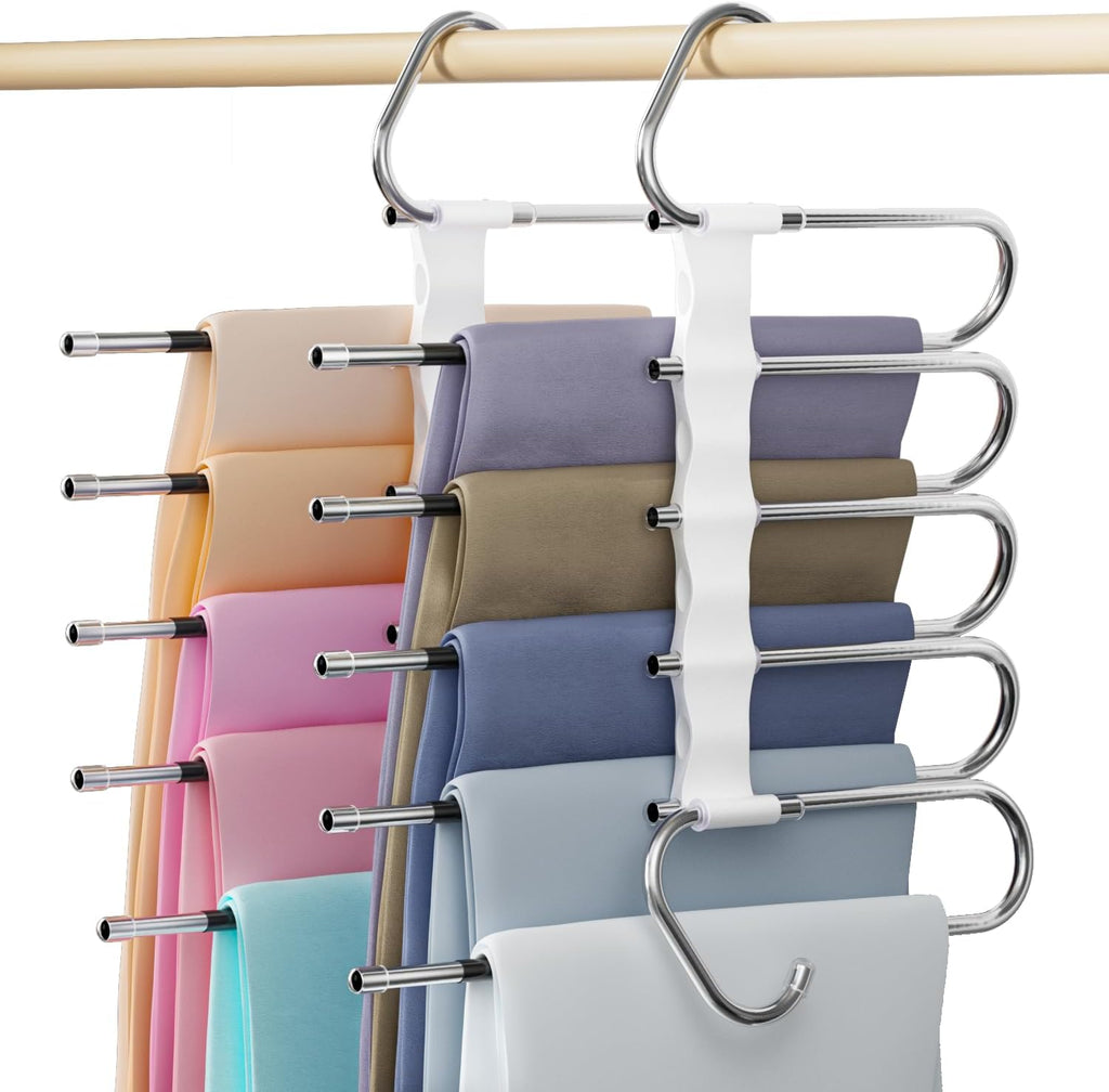 DAMITA Pants Hangers Space Saving - 2 Pack 5 in 1 Layers Stainless Steel Metal Jeans Hangers - Black Closet Organizers and Storage Anti-Slip Design for Pants Skirts Scarf Legging