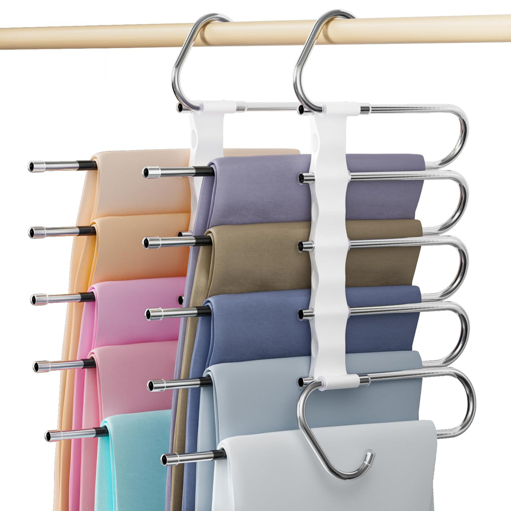 DAMITA Pants Hangers Space Saving - 2 Pack 5 in 1 Layers Stainless Steel Metal Jeans Hangers - Black Closet Organizers and Storage Anti-Slip Design for Pants Skirts Scarf Legging