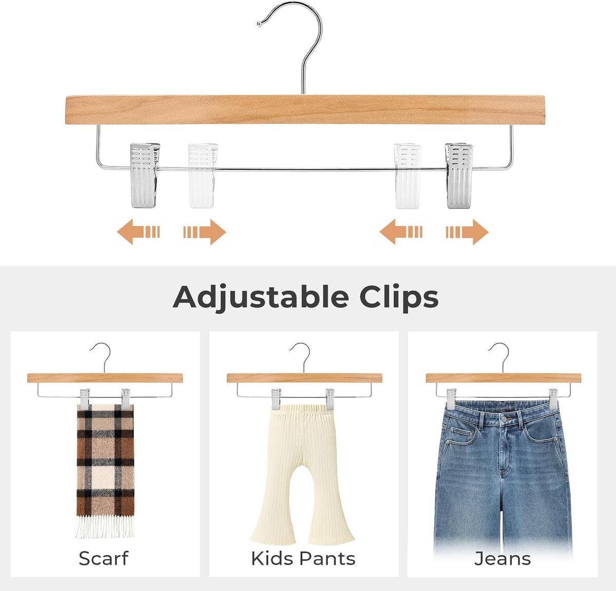 HOUSE DAY Wooden Pants Hangers with Clips, 25 Pack Skirt Hangers, Natural