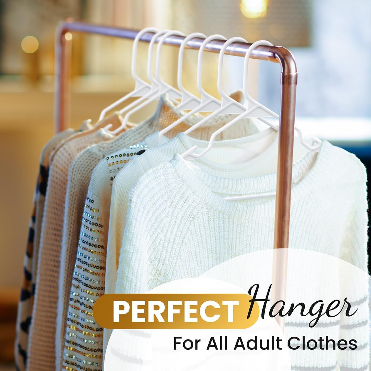 Our Modern Space 100 Pack Adult Plastic Hanger for Shirt Pants Coats Dresses Skirts Suits Jackets - Standard Thick Coat Hanger - Sturdy & Durable Design with Shoulder Grooves Hook - White