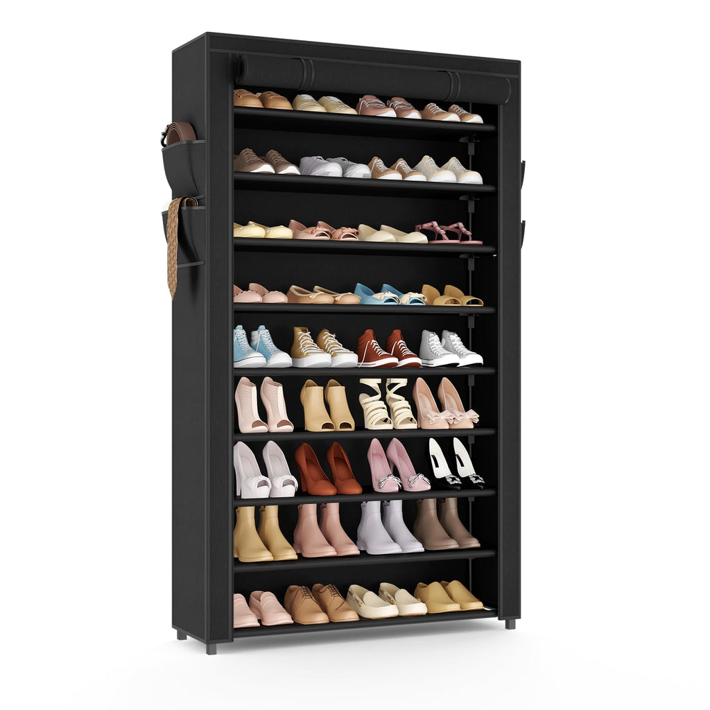 VILICK Shoe Rack with Cover Narrow Shoe Organizer with 4 Side Pockets 10 Tier Tall Shoe Storage Holds 18-22 Pairs Shoes and Boots Shoe Rack for Closet Entryway Garage