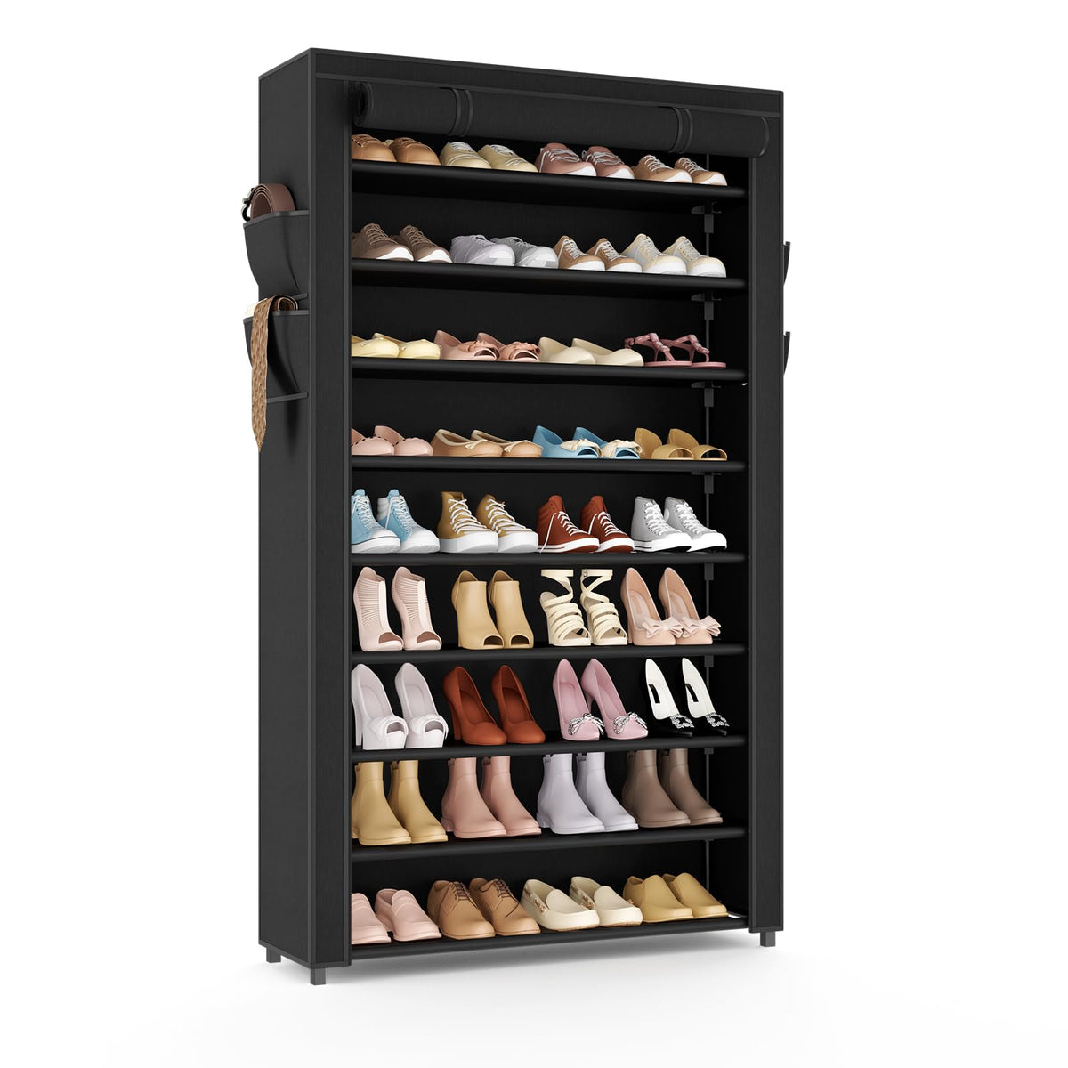 VILICK Shoe Rack with Cover Narrow Shoe Organizer with 4 Side Pockets 10 Tier Tall Shoe Storage Holds 18-22 Pairs Shoes and Boots Shoe Rack for Closet Entryway Garage