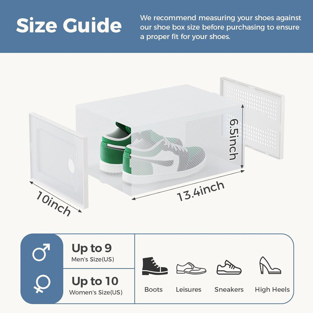 DUMOS Shoe Storage Boxes, 12-Pack Stackable Clear Shoe Containers with Lids, Display Sneaker Case Organizer for Closet, Under Bed, Entryway,White, Fit Size 11