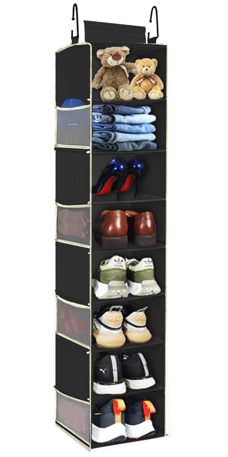 Large-Sized Hanging Shoe Organizer 8-Shelf, Hanging Closet Organizer with 8 Side Pockets, Wider Hanging Shelves for Storage Shoes Clothes 9" W × 11.8" D× 48" H, Grey