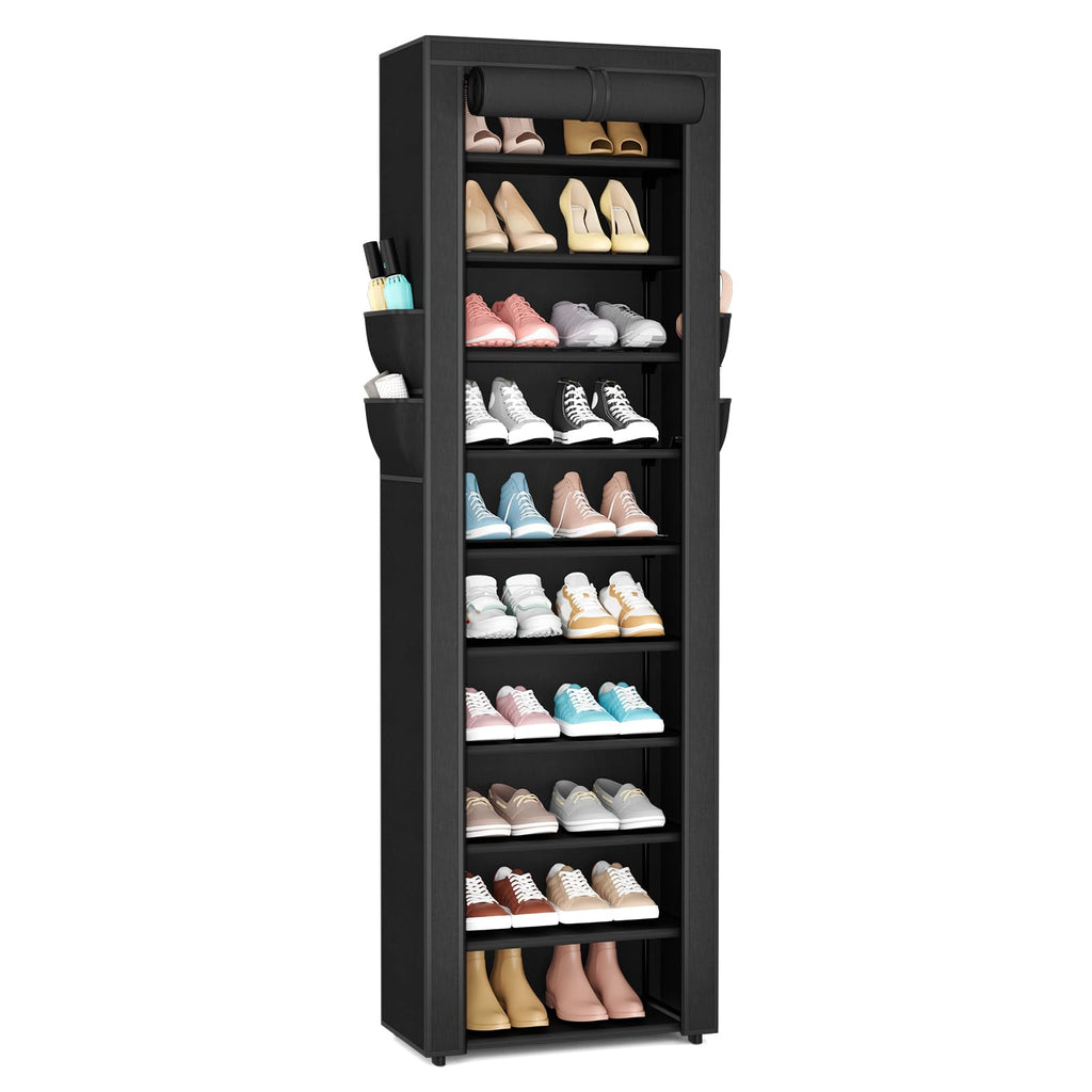 VTRIN Vertical Narrow Shoe Rack Organizer 10 Tier Tall Shoe Shelf Holds 20-22 Pairs with Non-Woven Dustproof Cover for Closet, Entryway Black