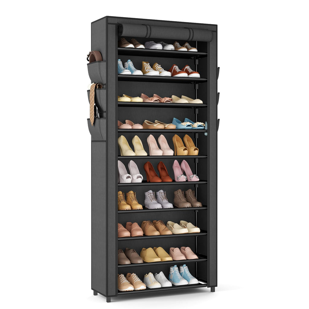 VTRIN Vertical Narrow Shoe Rack Organizer 10 Tier Tall Shoe Shelf Holds 20-22 Pairs with Non-Woven Dustproof Cover for Closet, Entryway Black