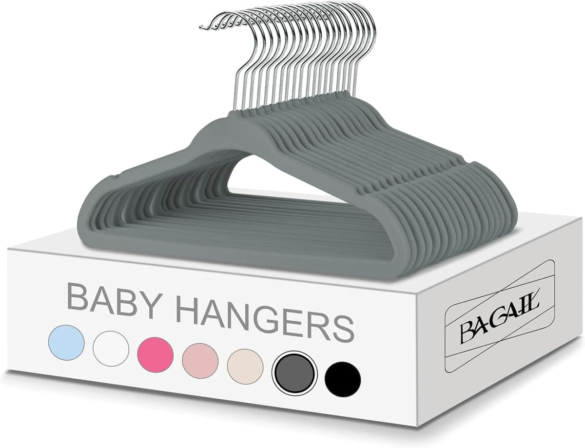 BAGAIL 50 Pack Kids Velvet Hangers 11 Inches Children's Clothes Hangers Non-Slip Baby Hangers for Infant/Toddler (Grey)