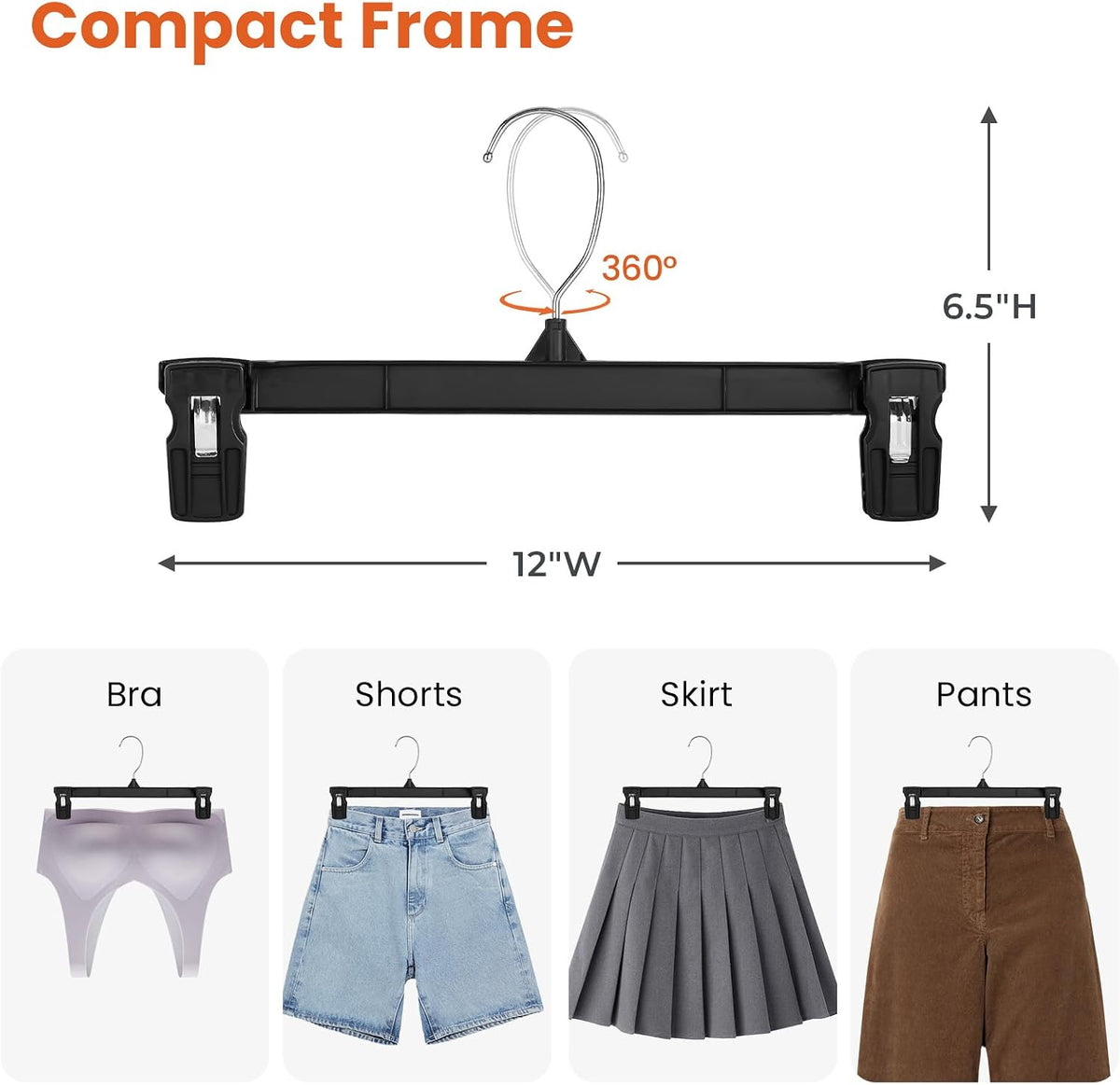 HOUSE DAY Black Pants Hangers with Clips 50 Pack, 12 Inch Skirt Hangers
