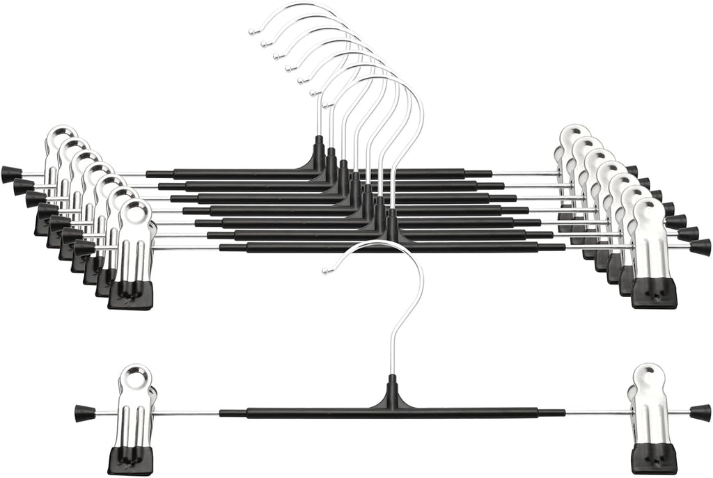 Pants Hangers with Clips - 8 Pack Heavy Duty, Non-Slip Adjustable Space Saving Skirt Hangers for Pants, Jeans, Shorts | Black | 12 Inch