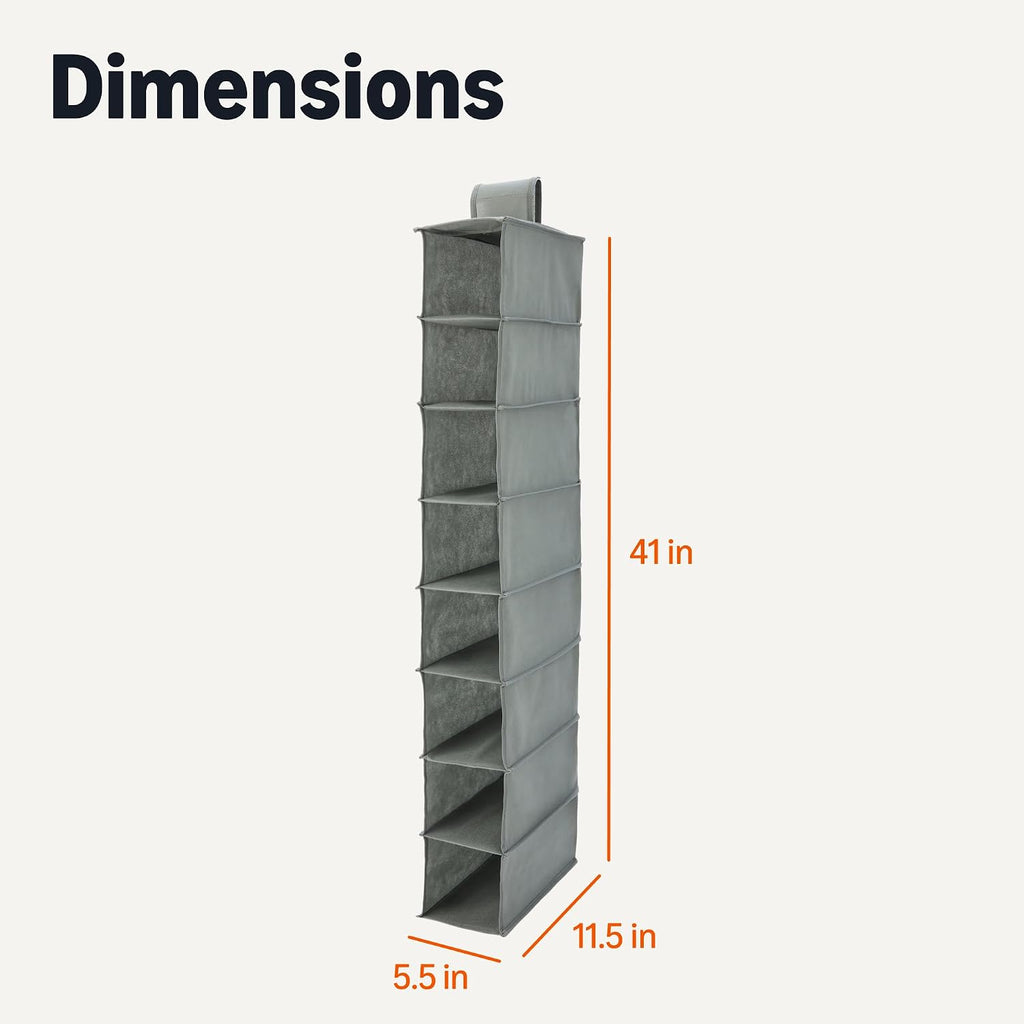 Amazon Basics 8-Tier Hanging Closet Shelf Shoe Organizer, Space Saving Storage, Foldable, 11.5 x 41 x 5.5 in, Dark Grey