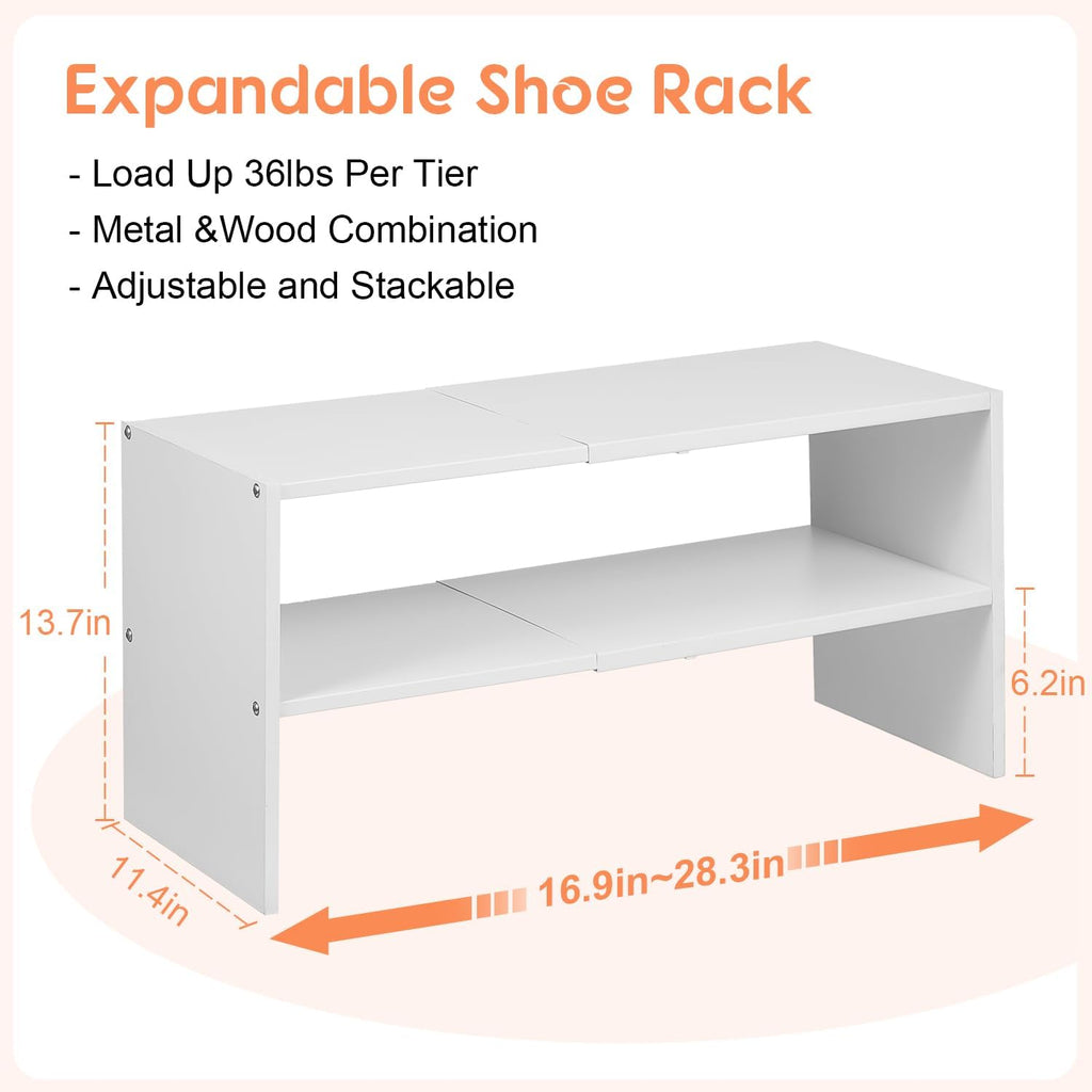 2 Pack Expandable White Shoe Rack Organizer for Closet, 2-Tier Stackable Shoe Storage Shelf, Small Iron Wood Combination Shoe Shelves for Closets,Entryway,Front Door, Narrow Space,Hallway,15-24 Pairs