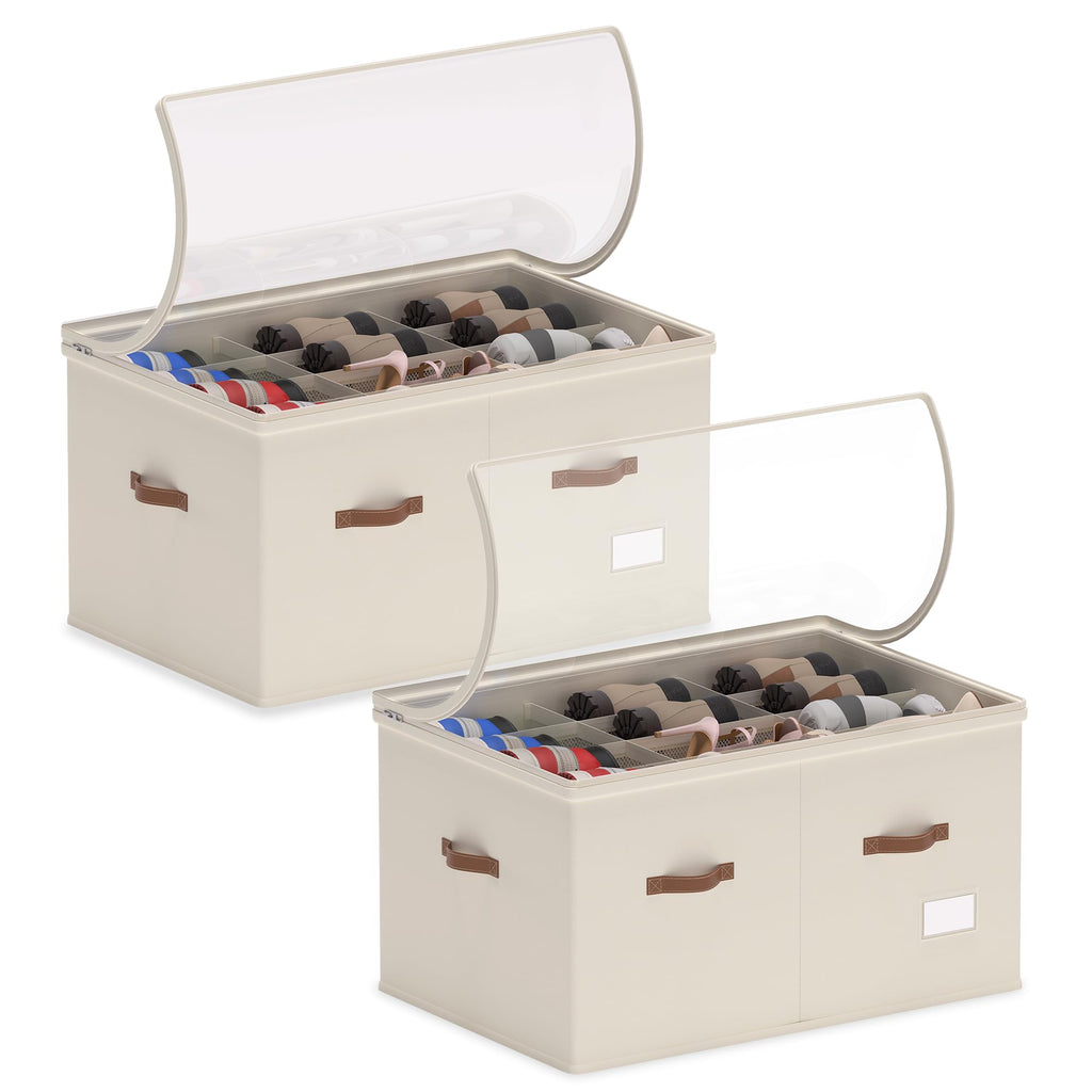 Vincona Shoe Organizer for Closet, 2 Pack Foldable Shoe Storage Bins with Clear Cover & Handles, 16-Compartment Shoe Box for Sneakers, Heels, Boots, Space-Saving Shoe Rack for Entryway, Dorm, RV