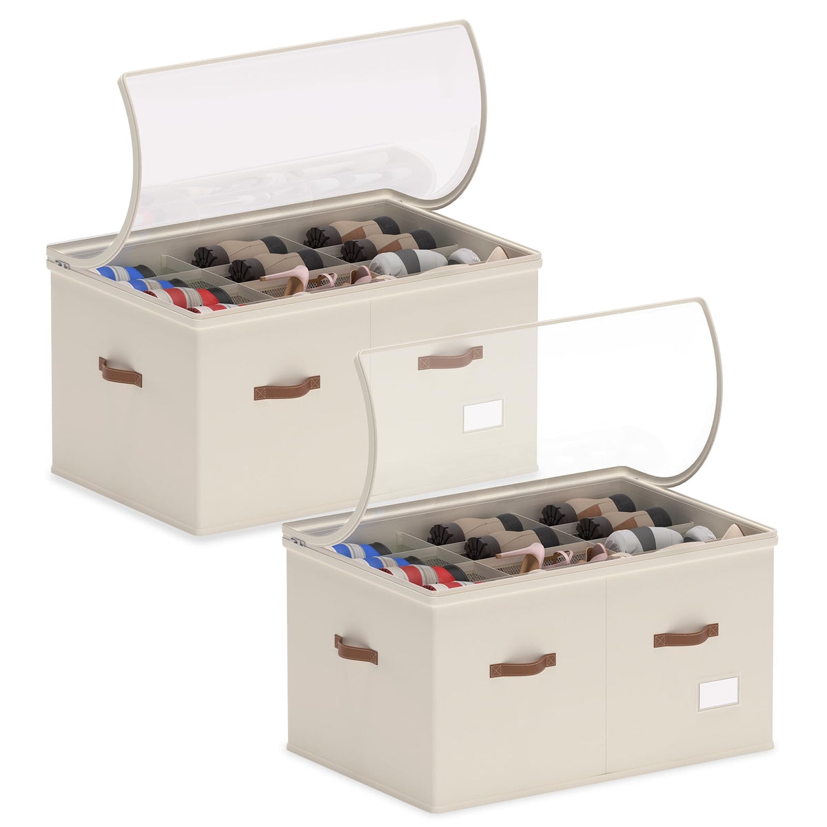 Vincona Shoe Organizer for Closet, 2 Pack Foldable Shoe Storage Bins with Clear Cover & Handles, 16-Compartment Shoe Box for Sneakers, Heels, Boots, Space-Saving Shoe Rack for Entryway, Dorm, RV