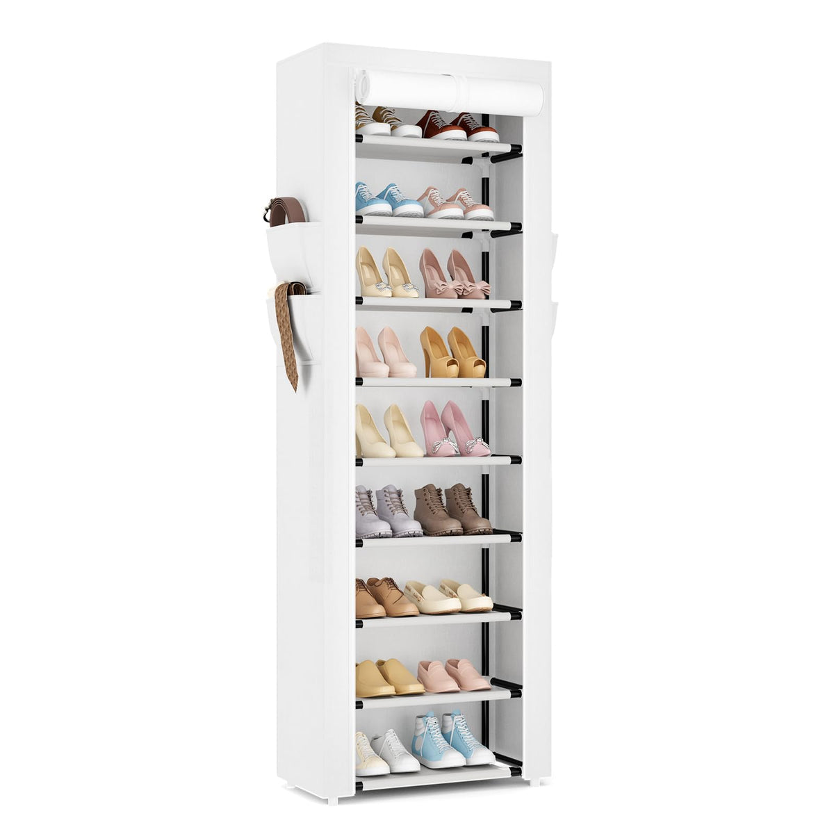 VILICK Shoe Rack with Cover Narrow Shoe Organizer with 4 Side Pockets 10 Tier Tall Shoe Storage Holds 18-22 Pairs Shoes and Boots Shoe Rack for Closet Entryway Garage