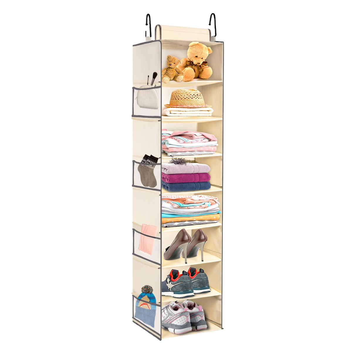 Large-Sized Hanging Shoe Organizer 8-Shelf, Hanging Closet Organizer with 8 Side Pockets, Wider Hanging Shelves for Storage Shoes Clothes 9" W × 11.8" D× 48" H, Grey
