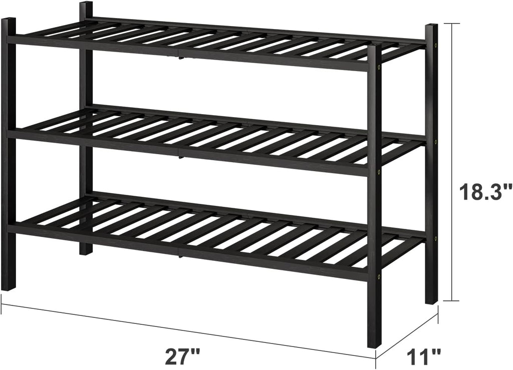viewcare 3-Tier Black Bamboo Shoe Rack for Entryway, Stackable | Foldable | Natural, Shoe Shelf Storage Organizer for Hallway Closet, Free Standing Shoe Racks for Indoor Outdoor