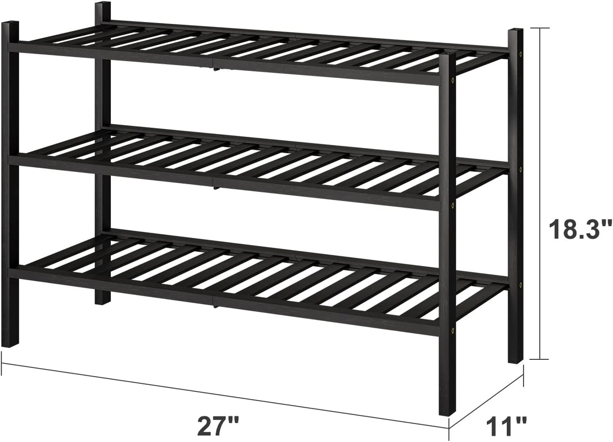 viewcare 3-Tier Black Bamboo Shoe Rack for Entryway, Stackable | Foldable | Natural, Shoe Shelf Storage Organizer for Hallway Closet, Free Standing Shoe Racks for Indoor Outdoor