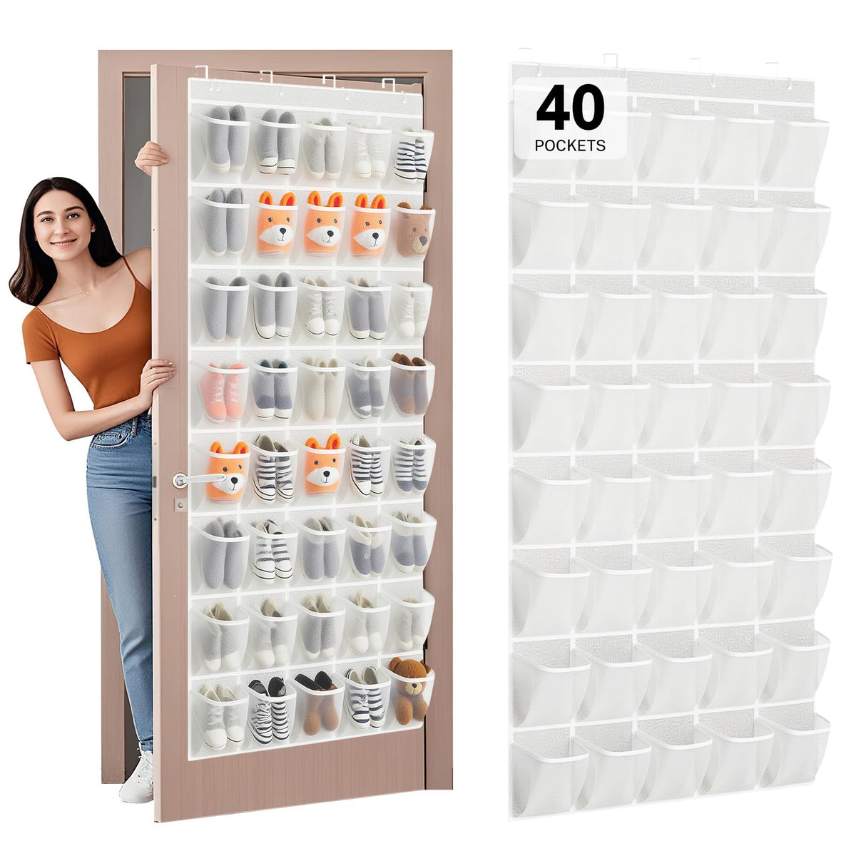 40 Large Mesh Pocket Over the Door Shoe Organizer,Hanging Shoe Rack for Door,Hualleko Shoes Organizer Hanger with Large Capacity, Shoes Storage Holder Sturdy Non-woven Fabric - Stores 20 Pairs (White)