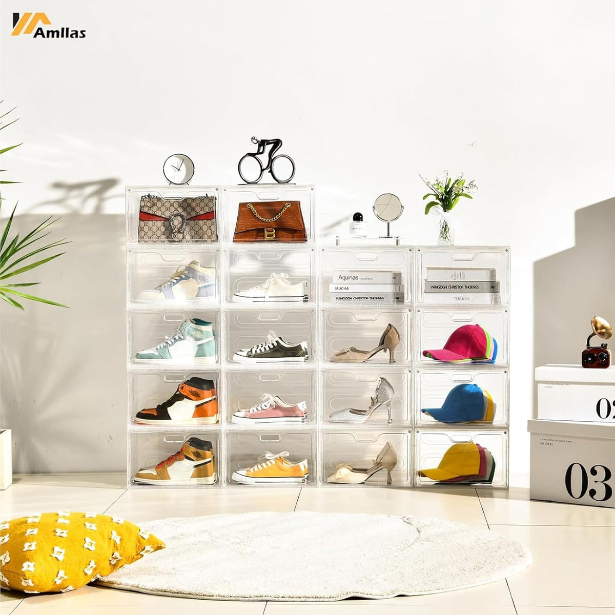 Amllas 8 Pack Shoe Boxes Clear Plastic Stackable, Large Shoe Storage Organizer with Lids,Drop Side Shoe Containers for Entryway,Sneaker Storage Fit up to US Size 13 (13’’x 10.6”x 8.3”)