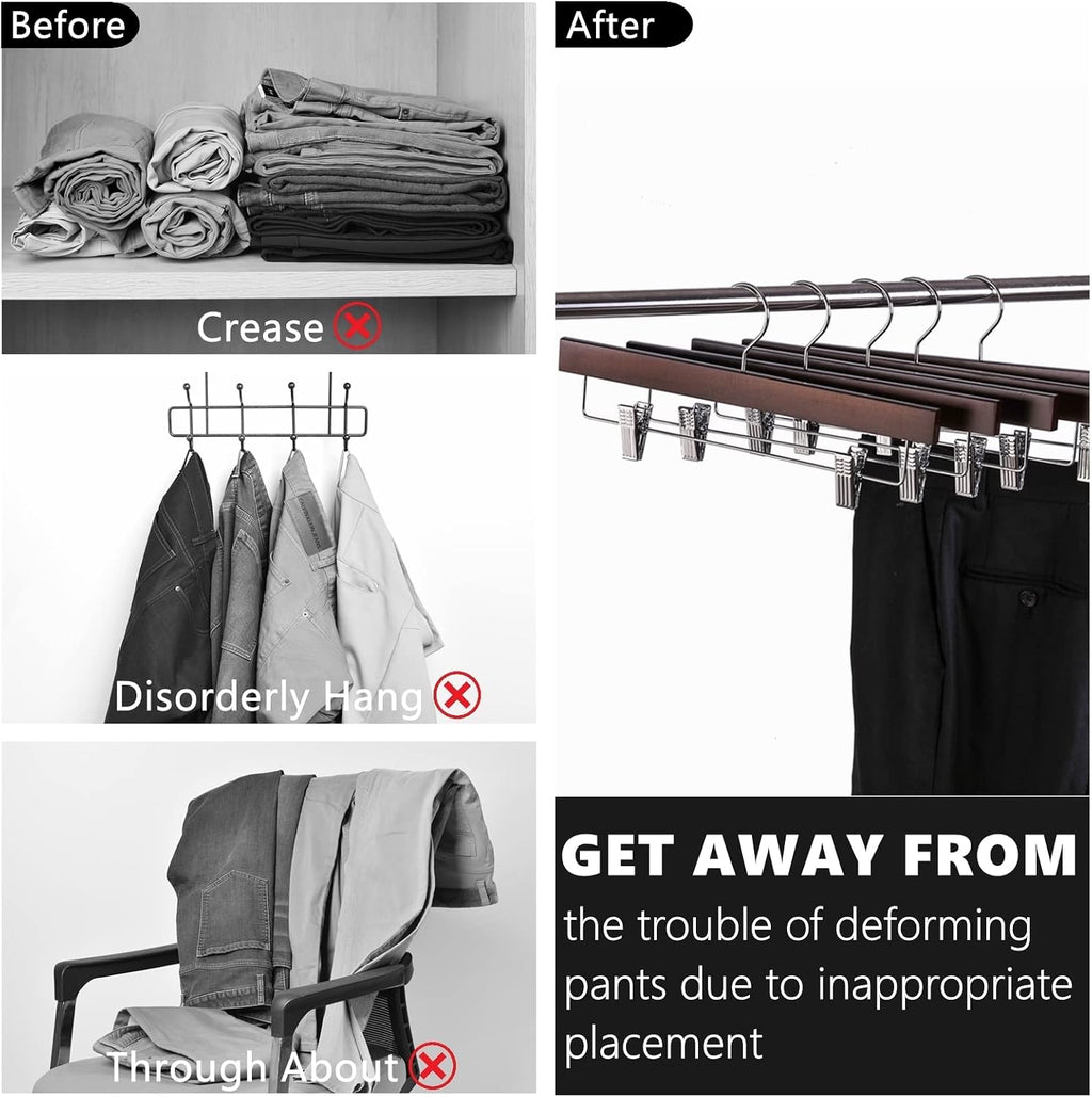 Amber Home 24 Pack Walnut Wooden Pants Hangers with Adjustable Clips, 14"