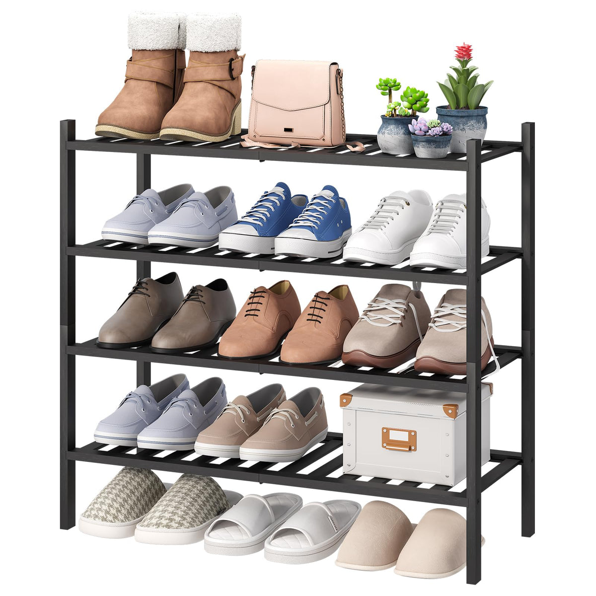 viewcare 3-Tier Black Bamboo Shoe Rack for Entryway, Stackable | Foldable | Natural, Shoe Shelf Storage Organizer for Hallway Closet, Free Standing Shoe Racks for Indoor Outdoor