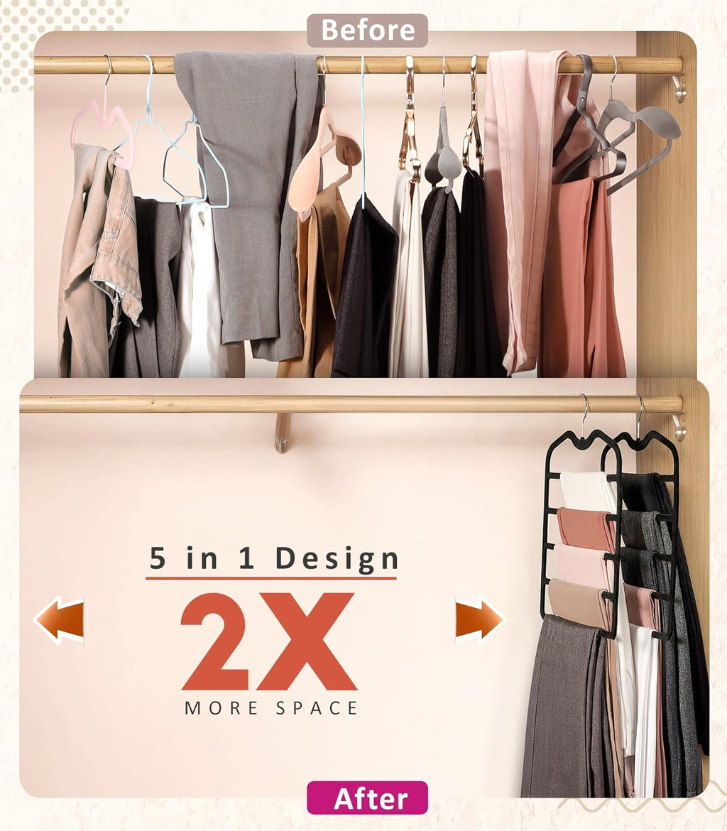 Pants Hangers Space Saving,3 Pack 5 Tier Velvet Short Neck Pants Hangers