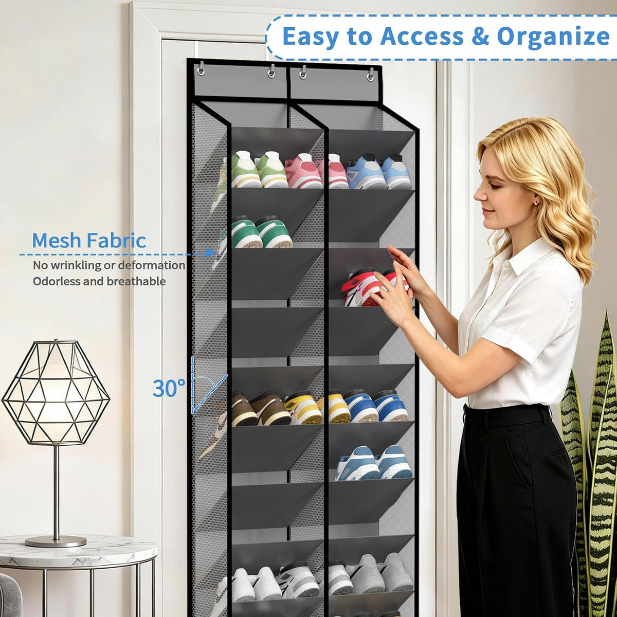 KEEPJOY 20-30 Pairs Grey Over the Door Shoe Organizer, Mesh Hanging Shoe Rack for Door Storage with 20 Wide Deep Pockets,10-Tier Door Shoe Holder Fits Sneakers, Boots.