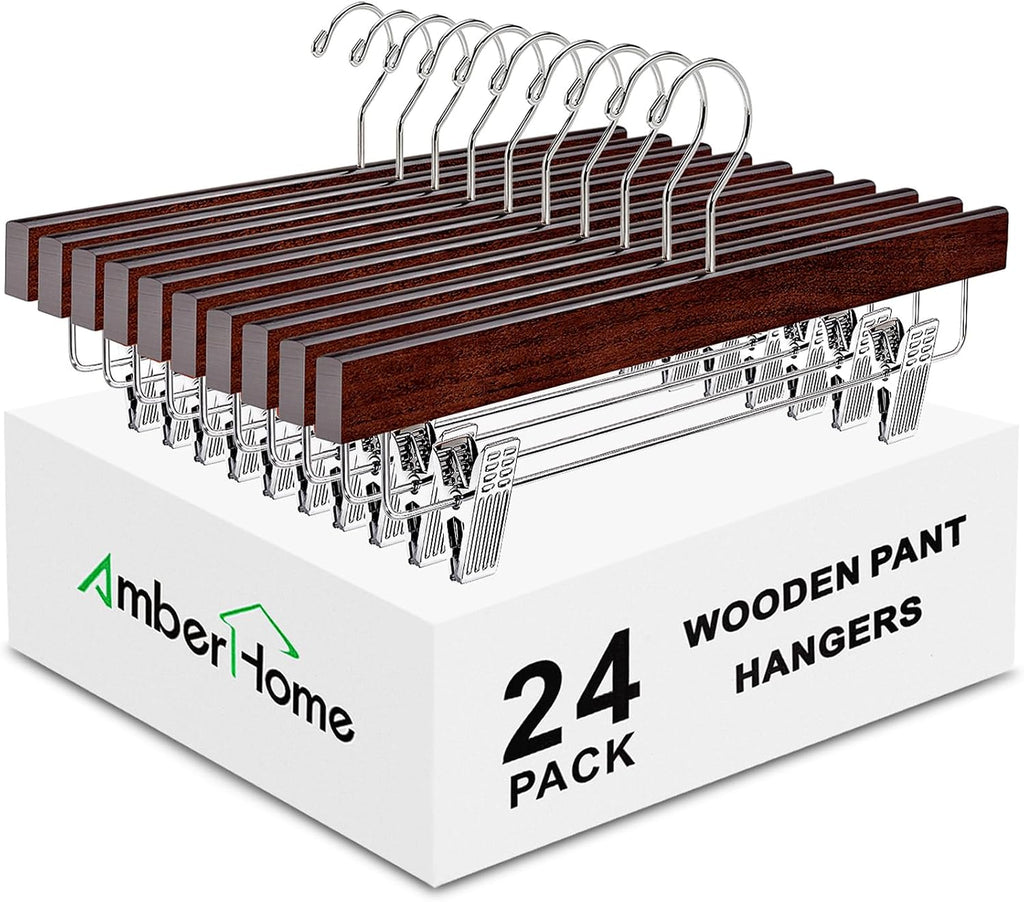Amber Home 24 Pack Walnut Wooden Pants Hangers with Adjustable Clips, 14"