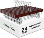 Amber Home 24 Pack Walnut Wooden Pants Hangers with Adjustable Clips, 14"