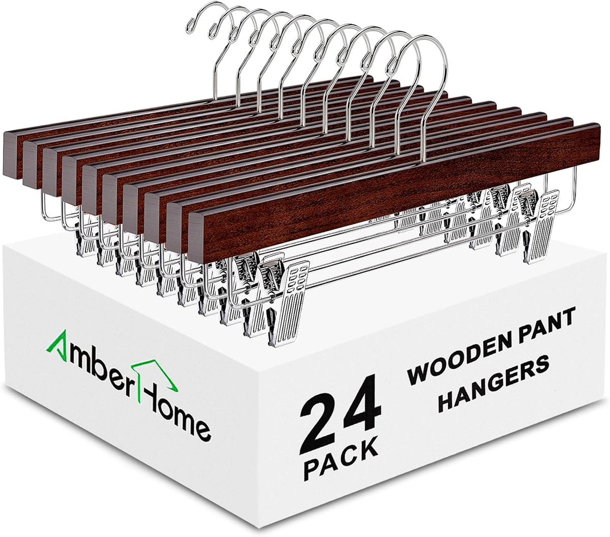Amber Home 24 Pack Walnut Wooden Pants Hangers with Adjustable Clips, 14"