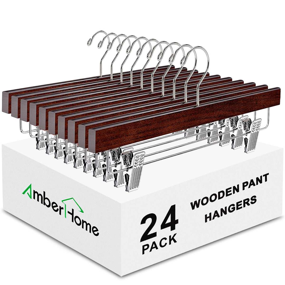 Amber Home 24 Pack Walnut Wooden Pants Hangers with Adjustable Clips, 14"