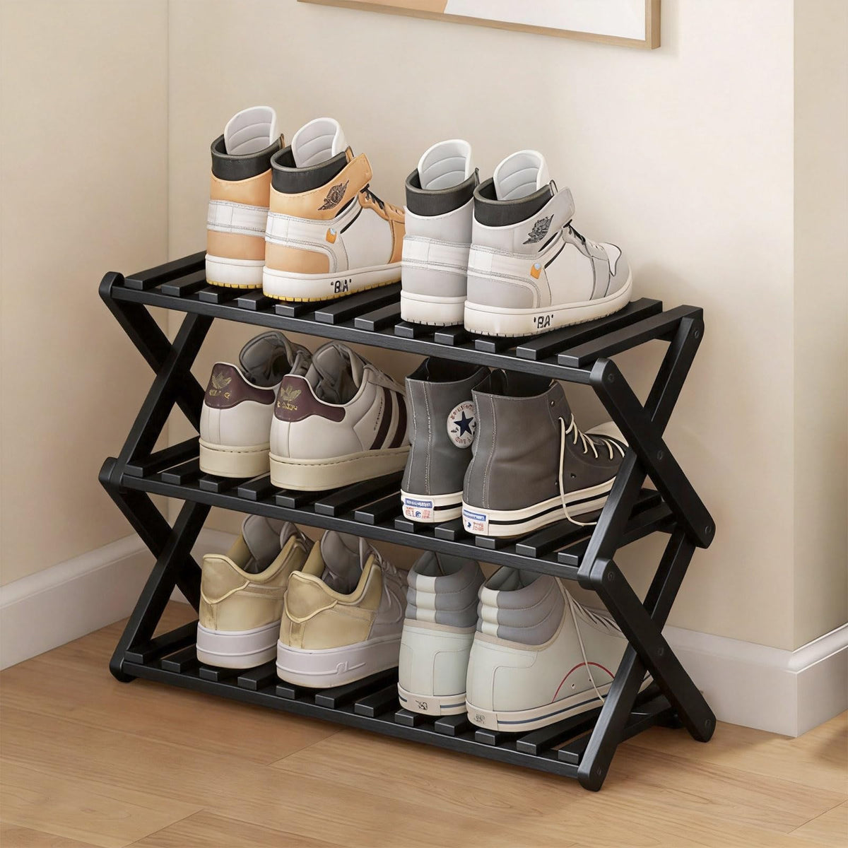 3 Tier Bamboo Shoe Rack,Portable Folding Shoe Storage Rack,Without Installation Small Shoe Rack Perfect for Corridors, Bedrooms and Small Spaces (3 Tier)