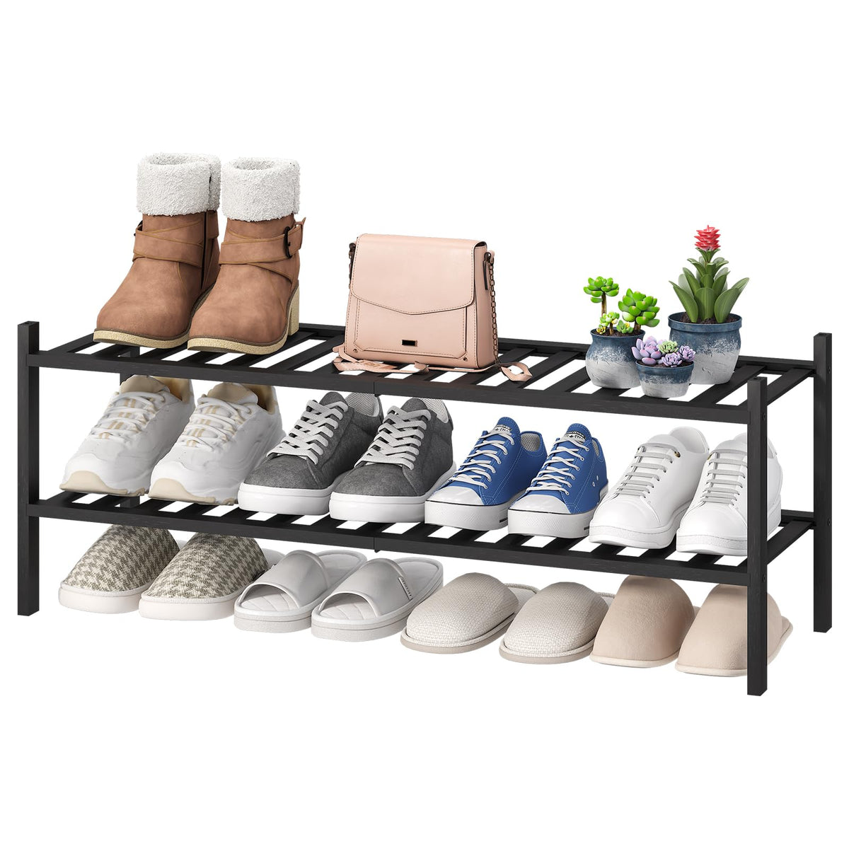 viewcare 3-Tier Black Bamboo Shoe Rack for Entryway, Stackable | Foldable | Natural, Shoe Shelf Storage Organizer for Hallway Closet, Free Standing Shoe Racks for Indoor Outdoor